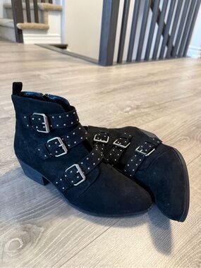 JustFab Black Studded Triple-Buckle Ankle Boots